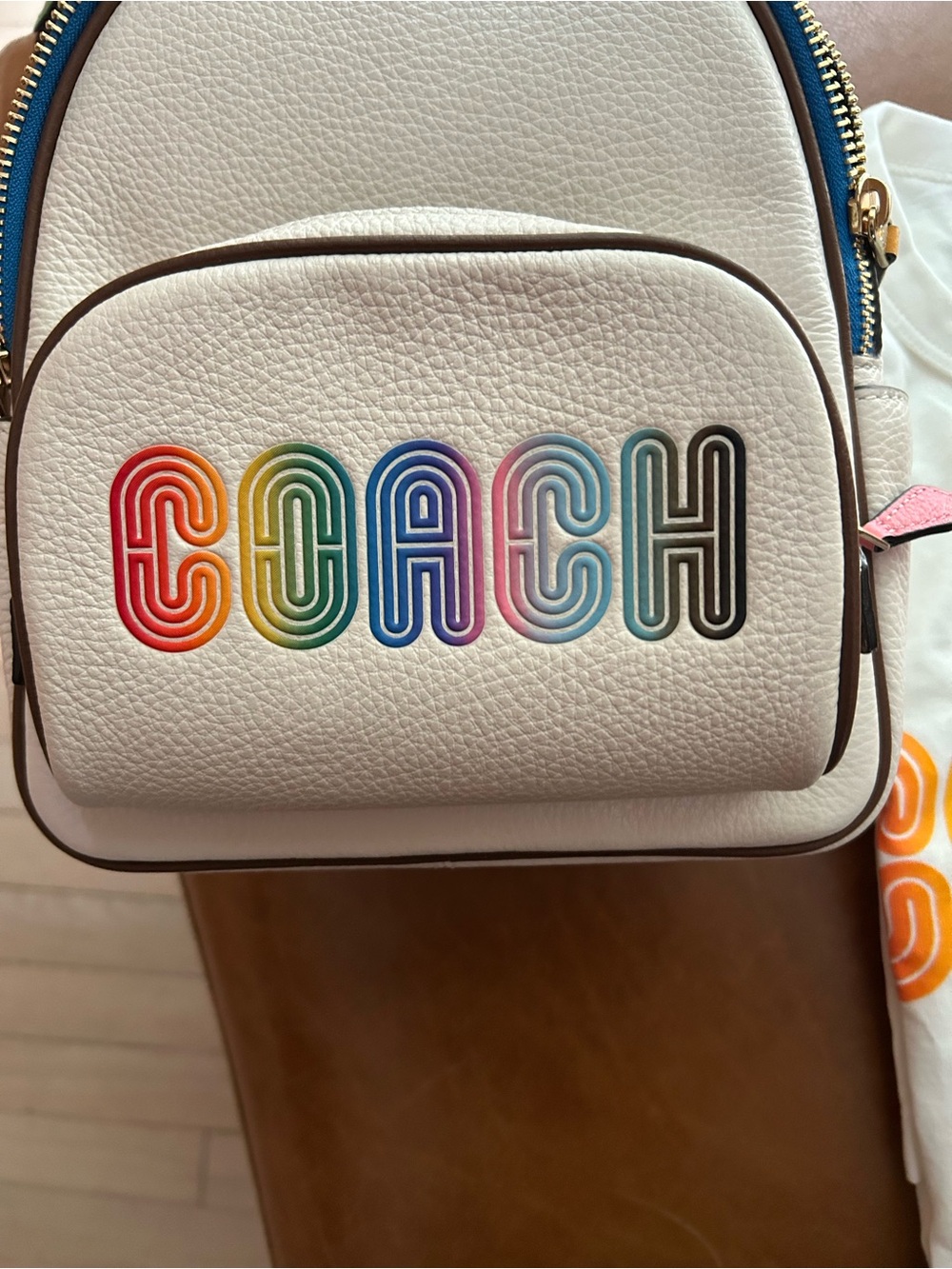 Coach White Pebble Leather Mini Backpack with Rainbow Logo